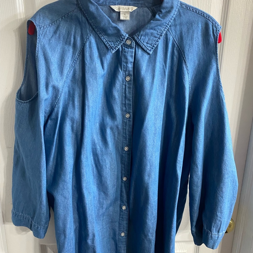 Chambray Button-Up Shirt with Cold-Shoulder Detail
